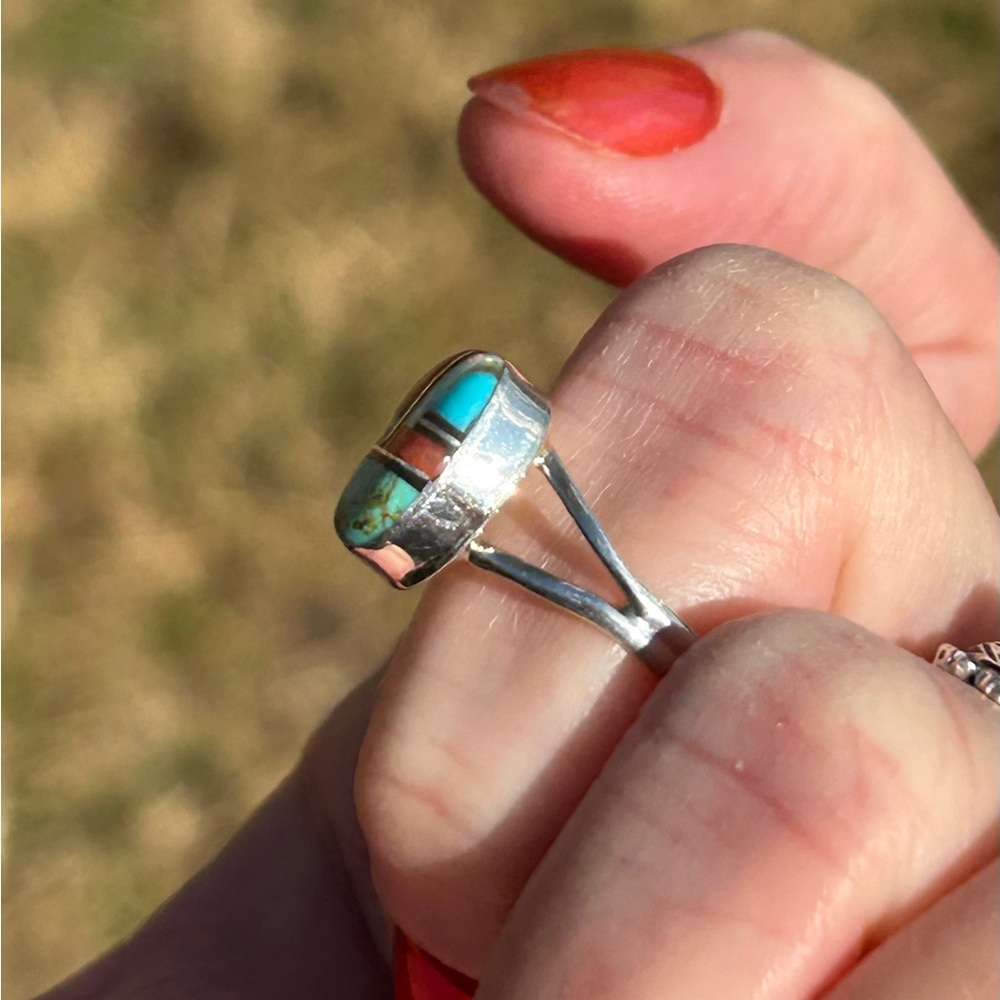 Zuni Navajo Made Sterling Silver Multi-Stone Inlay Ring - Picture 5 of 7